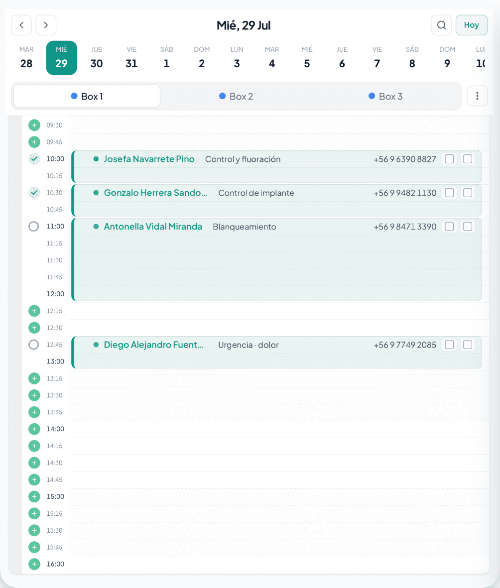 Agenda de DentalBox: el día del Box 1 con sus citas, el estado de cada una y el teléfono del paciente
