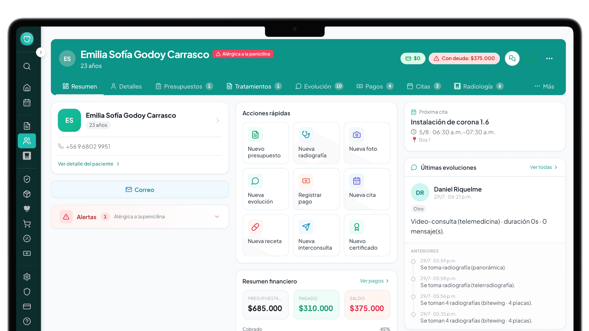 Ficha clínica de DentalBox: alertas médicas del paciente, acciones rápidas, resumen financiero y sus últimas evoluciones